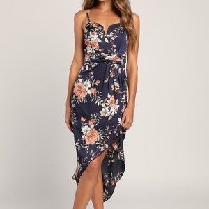 Lulu's Navy Floral Midi Dress with Peach and White Blooms